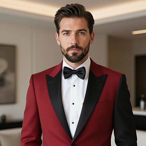 Photograph of a handsome, bearded man with dark hair, wearing a red tuxedo with black lapels and bow tie, in a modern