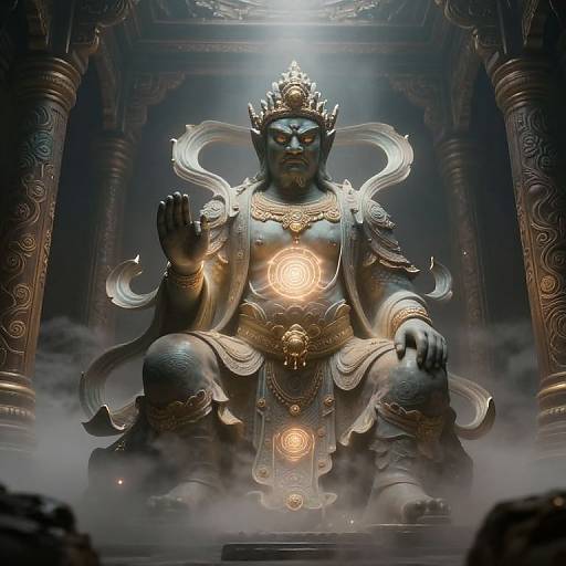 Digital artwork of a majestic, dark-skinned deity with glowing eyes, adorned in elaborate golden and silver armor, seated in a misty temple. Hands