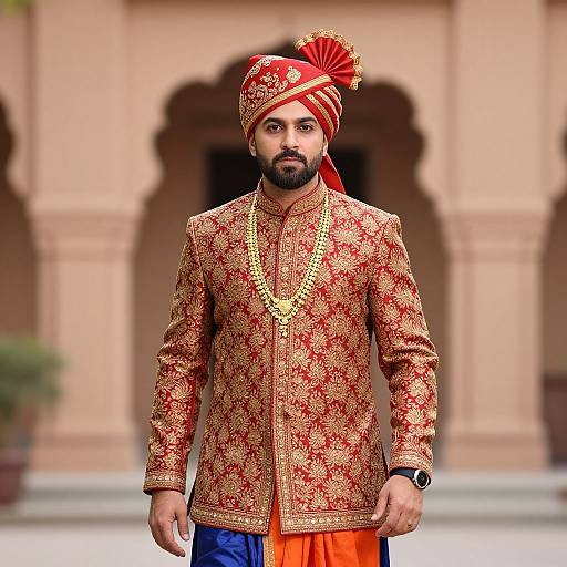 Man in Traditional Indian Sherwani and Turban