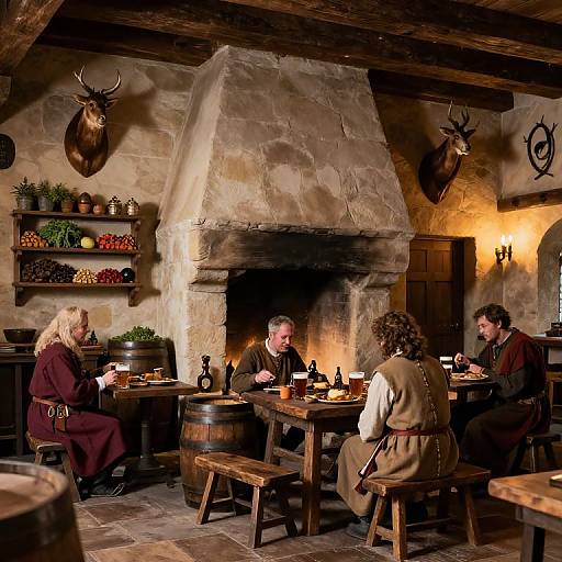 Photograph of four medieval-style diners seated around wooden tables in a rustic stone-walled tavern with a roaring fireplace, deer heads on walls, and