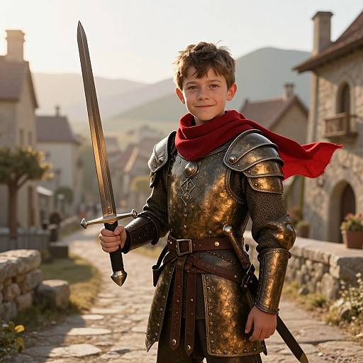 Young boy in medieval armor with red scarf, holding sword, standing on sunlit cobblestone street in quaint village. Photographic image.