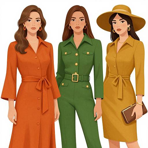 Digital illustration of three women in stylish, colorful outfits: orange dress with bow, green jumpsuit with belt, and mustard-yellow dress with wide-brim