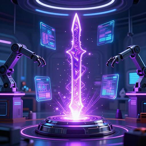 Digital CGI image of a glowing, neon purple sword emerging from a futuristic, holographic control center, surrounded by floating blue screens.