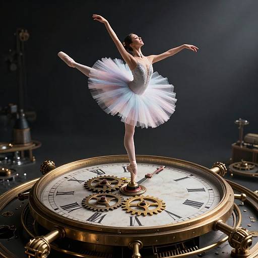 Photograph of a ballerina in a sparkling white tutu standing on a large, ornate clock face with gears, against a dark background.