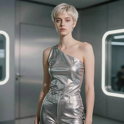 Photograph of a slender, young woman with short, platinum blonde hair, wearing a one-shoulder, metallic silver dress, standing in a modern