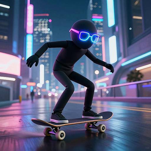 CGI image of a faceless, black-clad figure with neon blue sunglasses, skating in a vibrant, neon-lit urban night scene.
