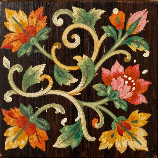 Vibrant, floral painting of orange, red, and pink flowers with green leaves and swirling yellow stems on a dark wooden background.