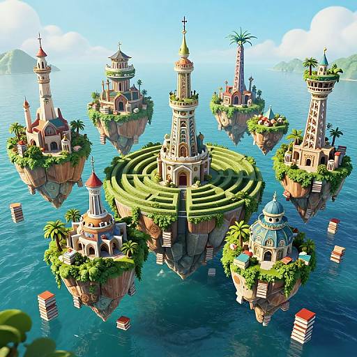 Photorealistic digital art of floating, ornate, tower-like islands with lush greenery, maze-like gardens, and colorful domes above a vibrant