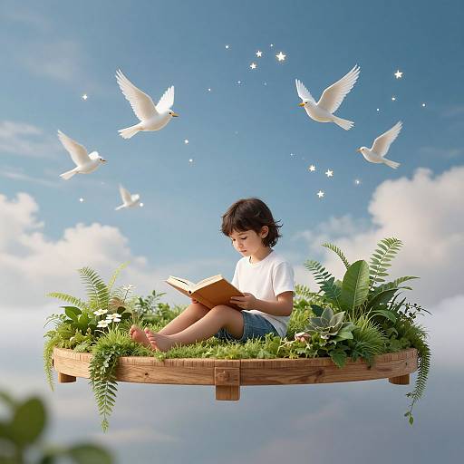 Photograph-style digital art of a young boy with short black hair, wearing a white shirt and blue shorts, reading on a floating wooden platform with fern