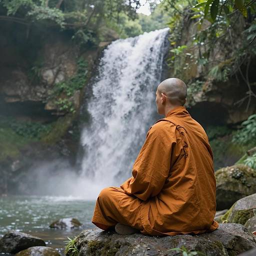 Serene Monk by Majestic Waterfall