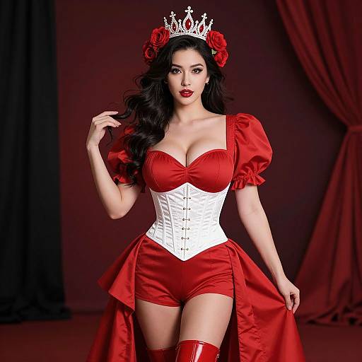 Photograph of a fair-skinned woman with black hair, wearing a red and white corseted ball gown, red shorts, and a silver crown