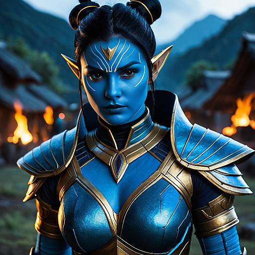 Female Na'vi Warrior in Blue and Gold Armor