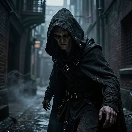 Dark, hooded figure with wrinkled face and menacing expression walks down a foggy, narrow alley in a moody, blue-toned photograph.