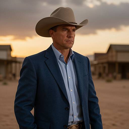 Photograph of a man in a blue suit and beige cowboy hat standing in a desert town at sunset, with buildings and clouds in the background.