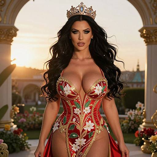 Photograph of a curvy woman with large breasts, long black hair, wearing a red floral corset, gold crown, and standing in a sun