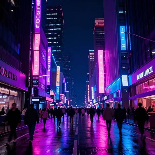 Neon-lit, bustling urban street at night; colorful pink, purple, and blue signs reflect on wet pavement, silhouetted pedestrians walk