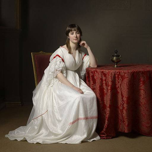 Photograph of a pale-skinned woman with black bangs, wearing a white, red-trimmed, Victorian-style gown, seated beside a red