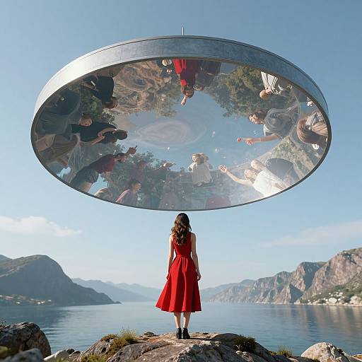 Photograph: Woman in red dress stands on rocky shore, gazing at reflective, circular UFO above, with mountainous lake landscape in background.