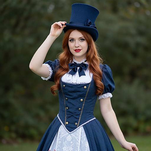 Photograph of a fair-skinned, red-haired woman in a navy blue Victorian-style dress and top hat, standing outdoors with green foliage blurred in the