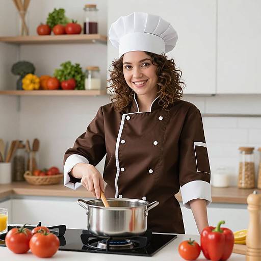 Photograph of a smiling, curly-haired female chef in a white hat and brown chef's jacket, cooking in a bright kitchen with red tomatoes and colorful