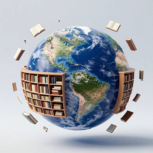 Digital artwork of Earth with bookshelves encircling it, books floating around, depicting knowledge and information globally. Bright colors, realistic globe, white