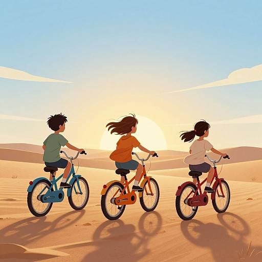 Digital illustration of three children riding bicycles in a desert at sunset, each on a different colored bike, casting long shadows.