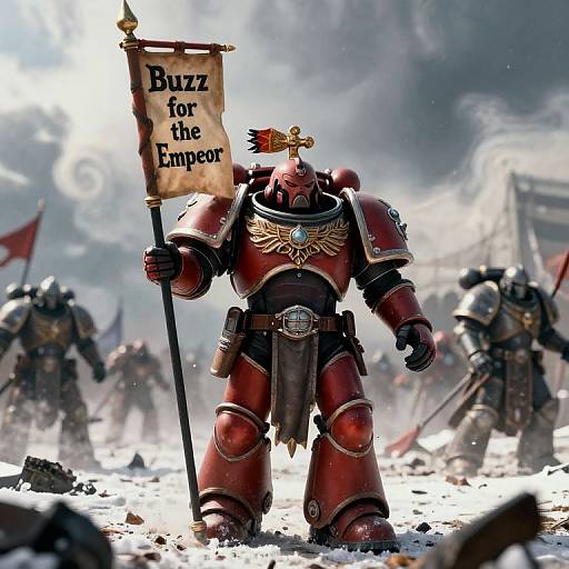 Digital artwork of a red, armored robot holding a 