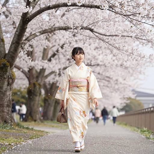 Japanese Girl in Kimono Walking in Cherry Blossom Park