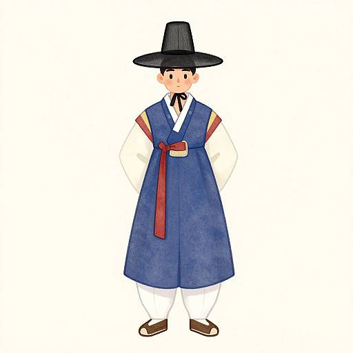 Colorful digital illustration of a young Asian boy in traditional Korean attire: blue hanbok with red sash, white shirt, black hat, and