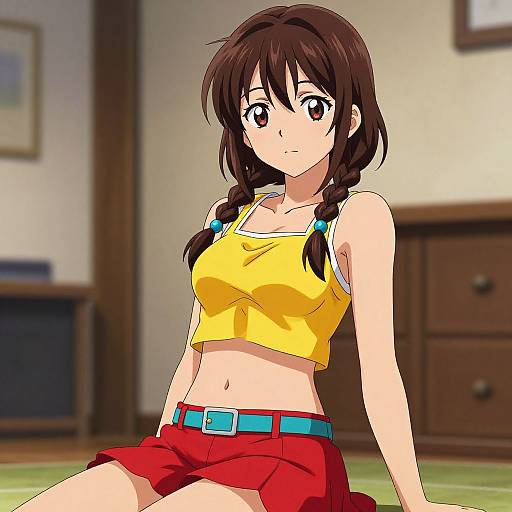 Anime-style digital drawing of a brown-haired girl with braided pigtails, wearing a yellow crop top and red shorts, sitting indoors.