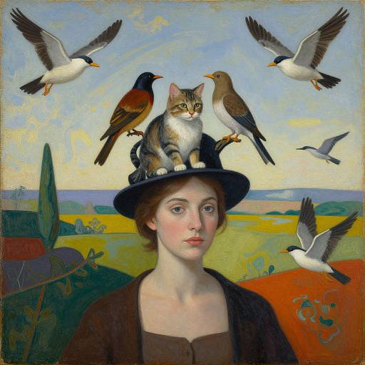 Realistic painting of a fair-skinned woman with brown hair, wearing a black hat with a cat and three birds, in a colorful, pastoral landscape