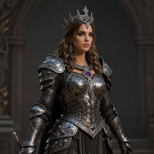 Photorealistic CGI of a regal woman with long brown hair, wearing ornate silver armor, crowned with a star-shaped tiara, standing in