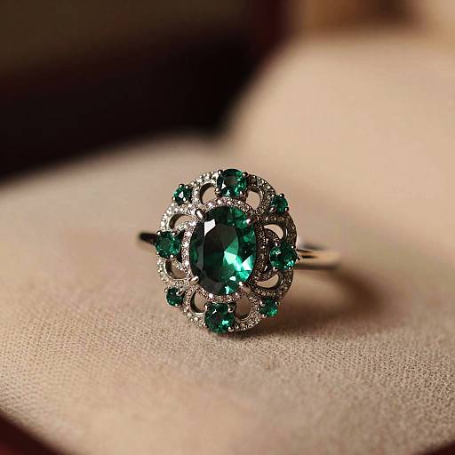 Photograph of an ornate silver ring with a large, teardrop-shaped, emerald green gemstone surrounded by smaller green gems and intricate fil