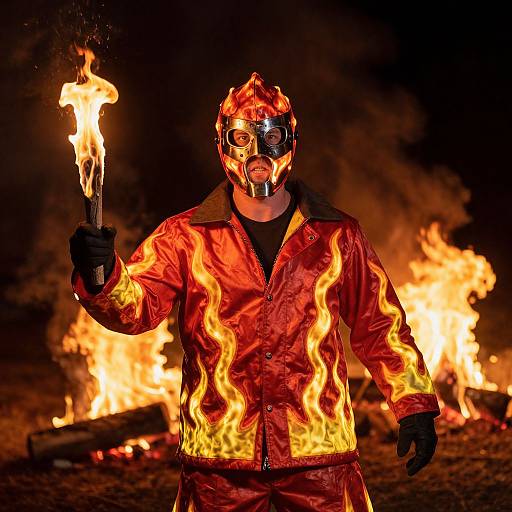 Man in Fiery Costume at Night