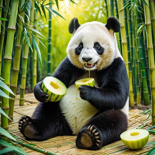Panda Eating Honeydew Melon in Bamboo Grove