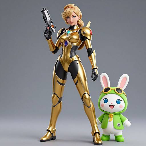 CGI image of a blonde woman in gold and black armor holding a gun, standing next to a cute, green and white bunny mascot.