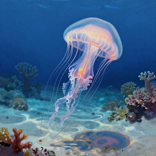 Photograph of a glowing, translucent jellyfish with orange-tipped tentacles floating above a vibrant, colorful coral reef in a deep blue ocean.