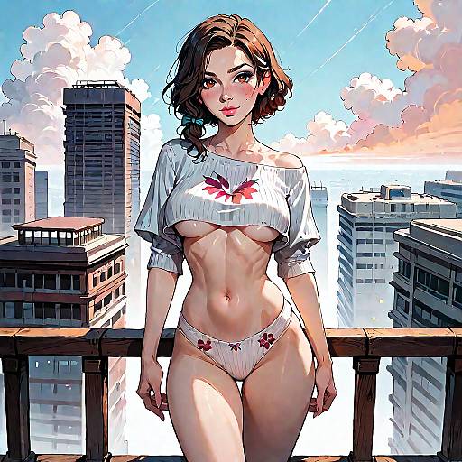 Brunette Woman in Crop Top and Bikini Bottoms on City Rooftop