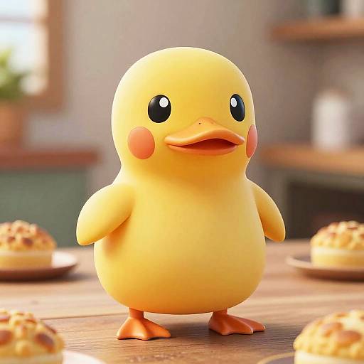 CGI image of a cute, chubby, yellow, cartoon duck-like Pokémon with round black eyes and red cheeks, standing on a wooden table with blurred