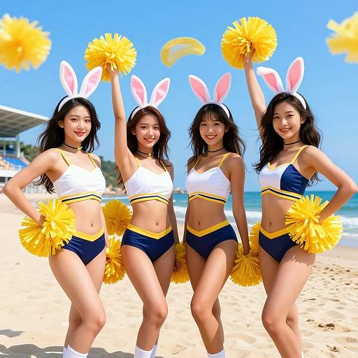 Photograph of four Asian cheerleaders in white and navy blue outfits with yellow pom-poms and bunny ears, posing on a sunny beach with clear blue
