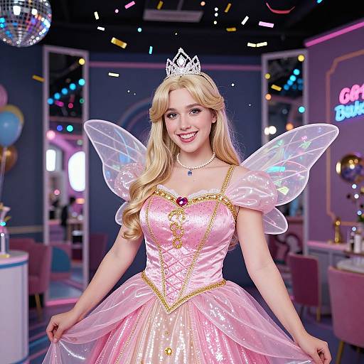 Photograph of a smiling blonde woman with fair skin, wearing a pink, glittery princess dress, transparent wings, and a silver tiara, in