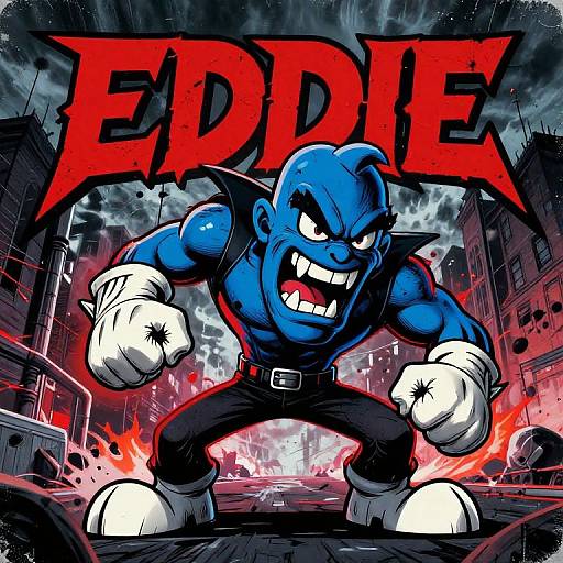 Digital comic art: Muscular blue-skinned character with sharp teeth, white gloves, black pants, and white boots, mid-fight in a dark