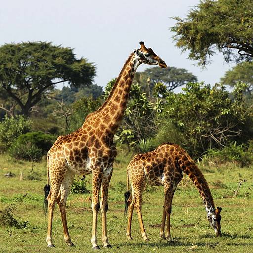 Photograph of a tall adult giraffe and a smaller juvenile giraffe grazing in a lush, green savanna with scattered trees under a clear blue sky