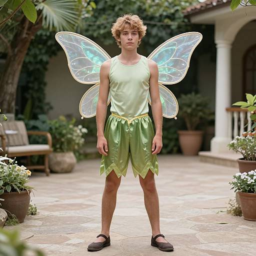 Photograph of a young man with curly brown hair, wearing a green fairy costume with translucent wings, green shorts, and black shoes, standing on a