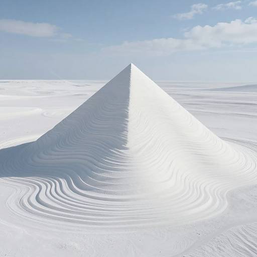 Digital art of a white, triangular pyramid with rippled patterns, set against a bright blue sky and white, cloudless horizon.