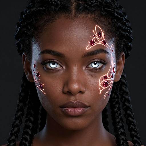 Photograph of a dark-skinned woman with glowing blue eyes, intricate neon and red light patterns on her right cheek, and braided hair against a