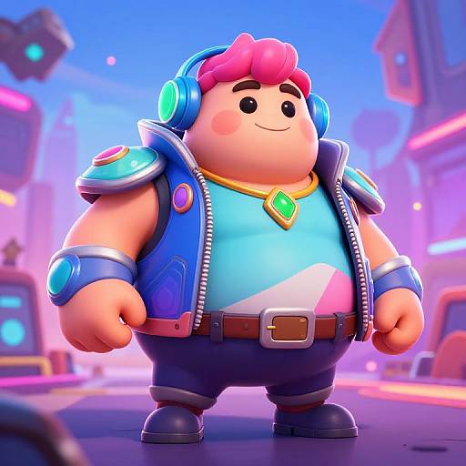 Digital cartoon of a chubby, smiling man with pink hair, wearing blue armor, headphones, and a green gem necklace, standing in a neon-lit