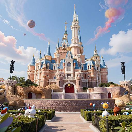 Photograph of a colorful, detailed Disney castle with blue spires, surrounded by lush greenery, balloons, and animated characters, under a bright blue