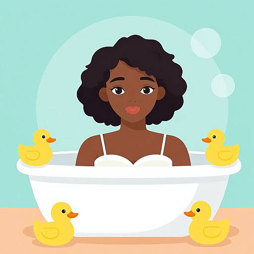 Digital illustration of a dark-skinned woman with curly black hair, wearing a white bathing suit, sitting in a bathtub with three yellow rubber ducks, against