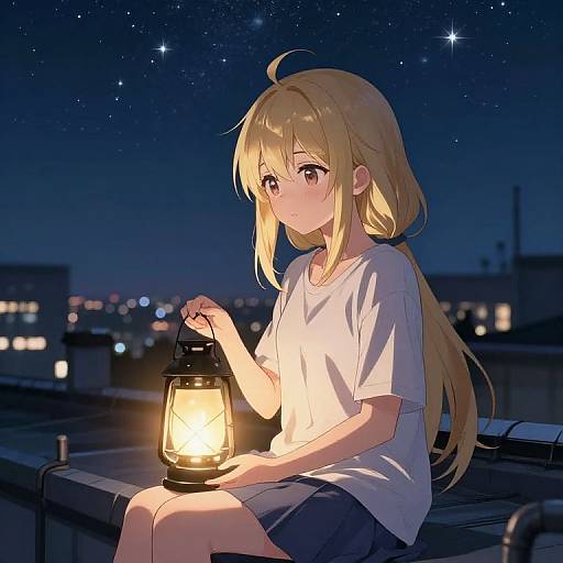 Anime-style digital drawing of a blonde girl with long hair, wearing a white shirt and dark shorts, holding a lantern under a starry night sky,